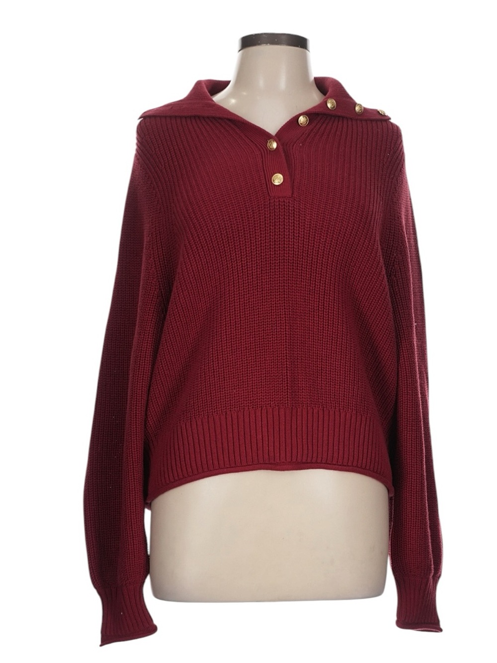 J. Crew Ribbed Cotton Button Collar Sweater Red M Gold Buttons Turtleneck Fall